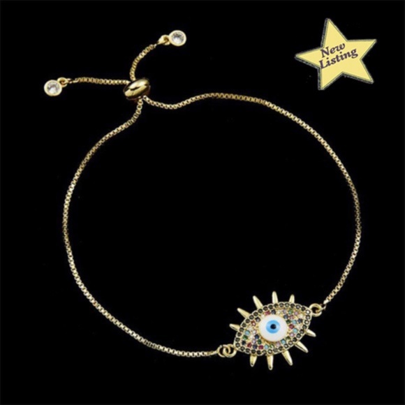 Evil Eye Bracelet Blue White Gold Color Adjustable Chain Crystals Turkish - Picture 1 of 8